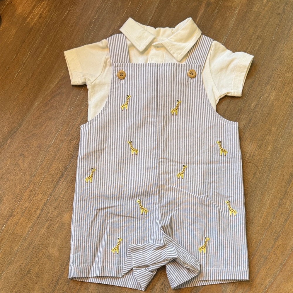 Striped Overalls with Giraffe Embroidery 6-9M